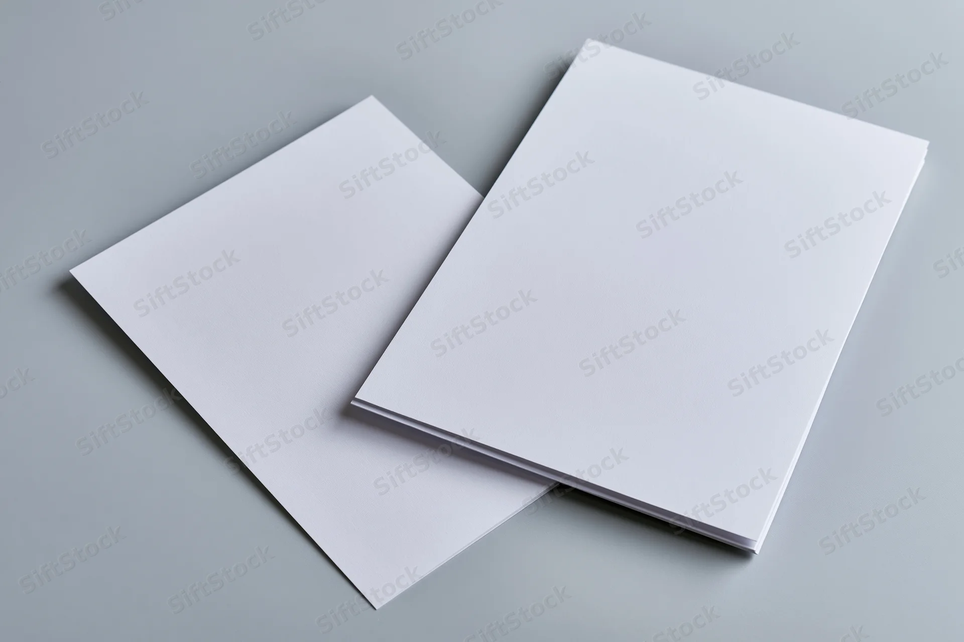 Two blank white a4 paper sheets stacked offset on a gray surface