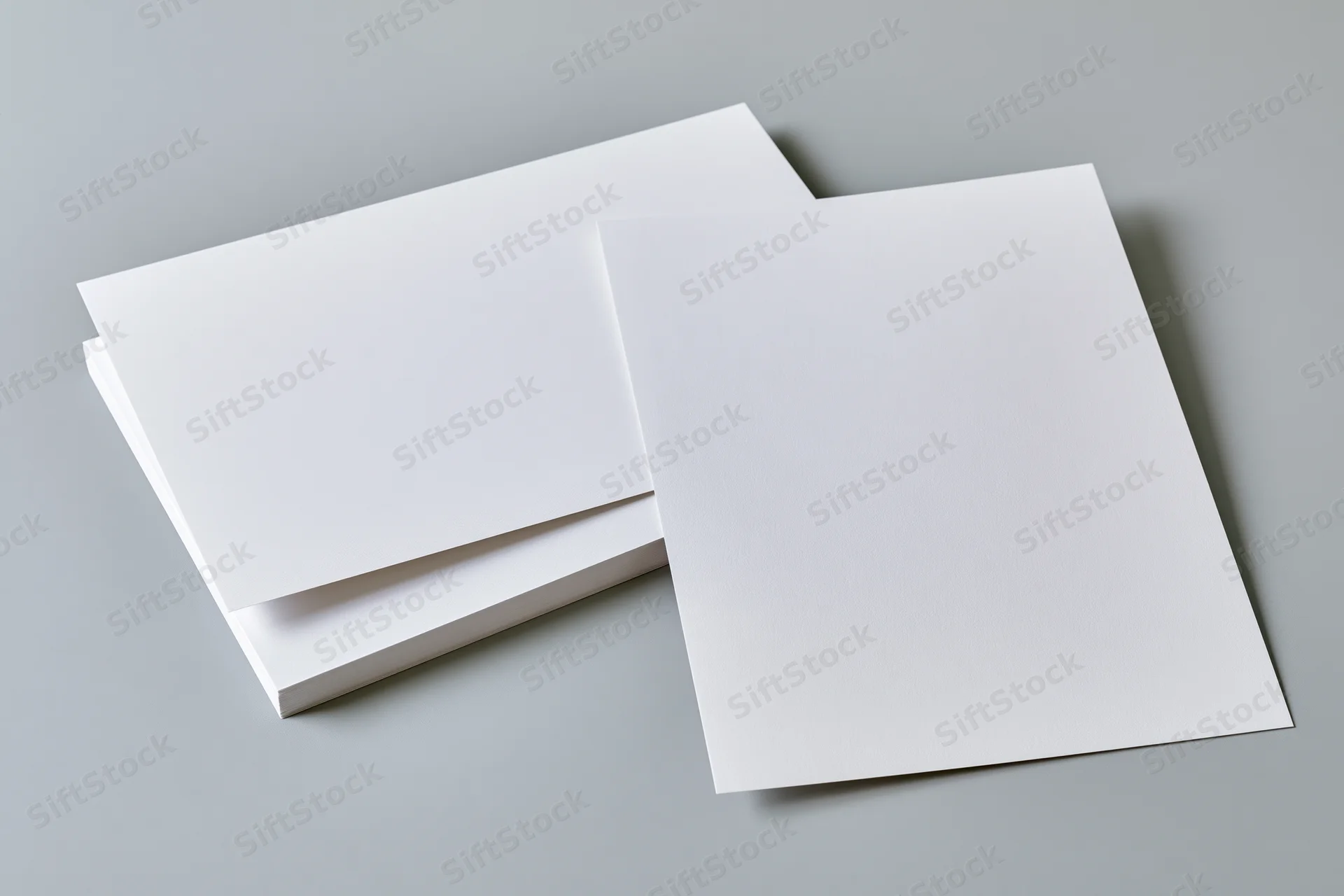 Two blank white a4 paper sheets stacked slightly offset on a gray surface