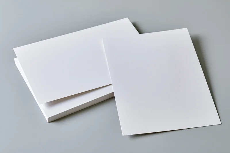 Two blank white a4 paper sheets stacked slightly offset on a gray surface