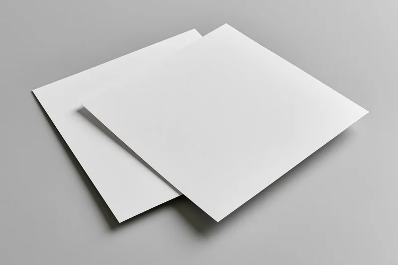 Two blank white paper sheets stacked offset on a gray surface