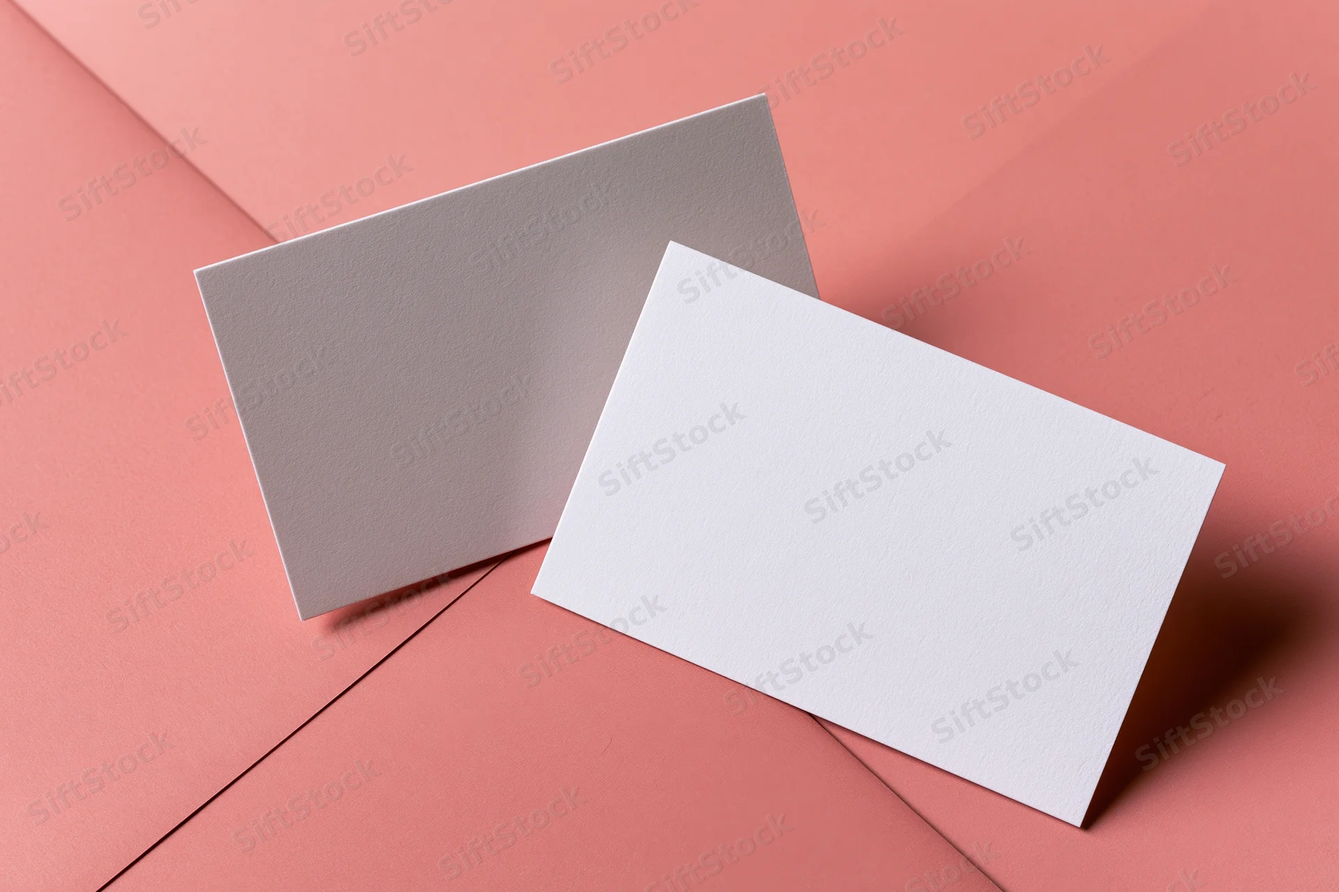Two blank white cards resting on a pink envelope in a flat lay arrangement