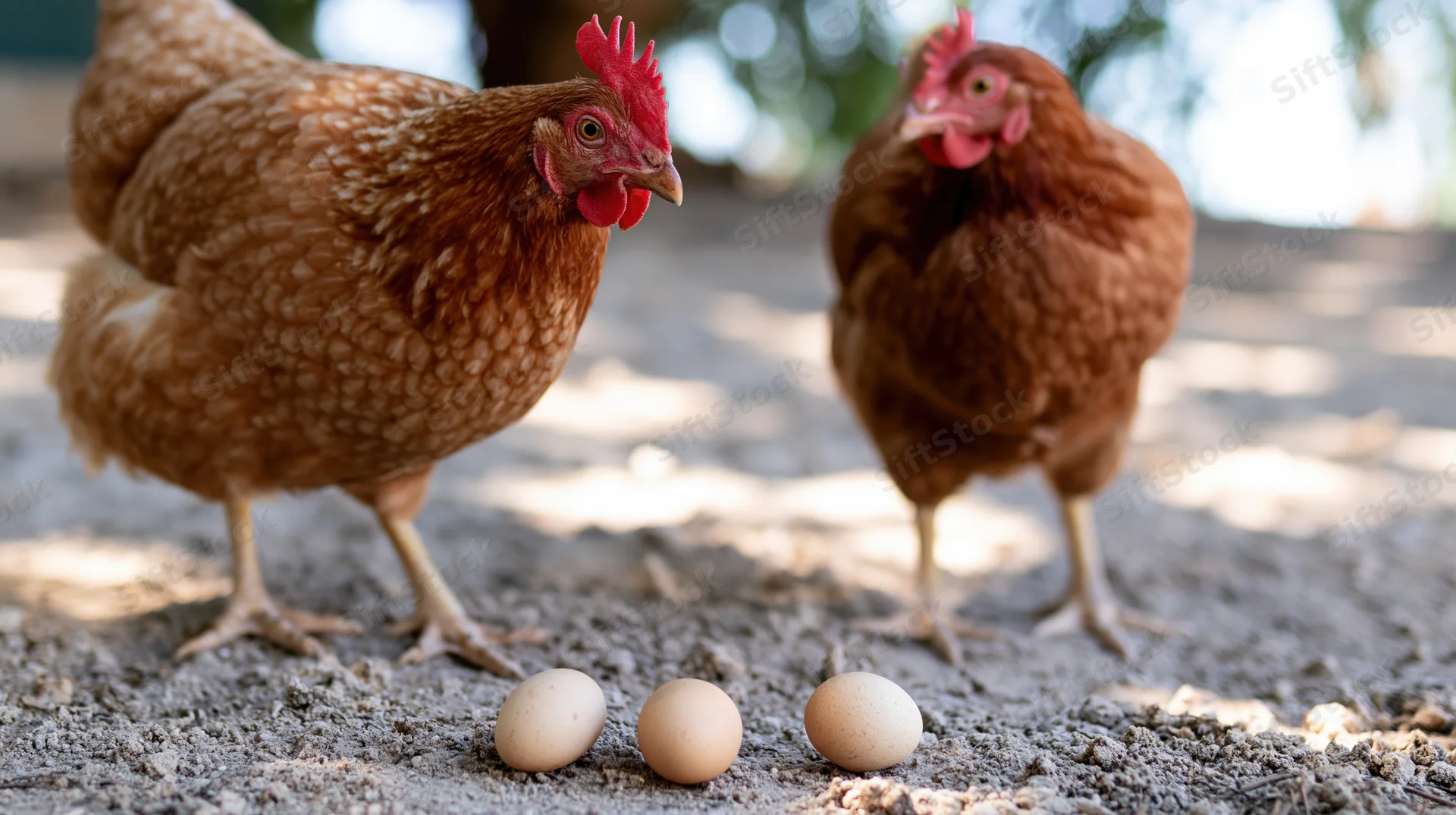 Two brown hens standing on dusty ground with eggs in front of them