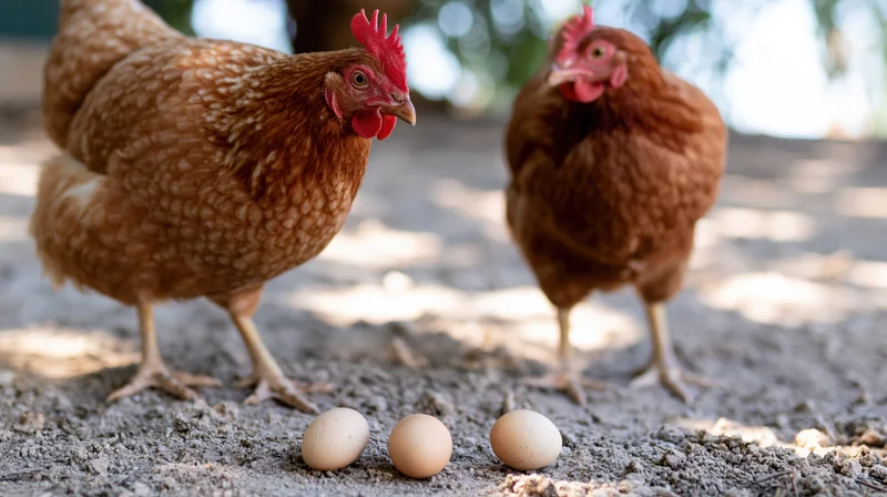 Two brown hens standing on dusty ground with eggs in front of them