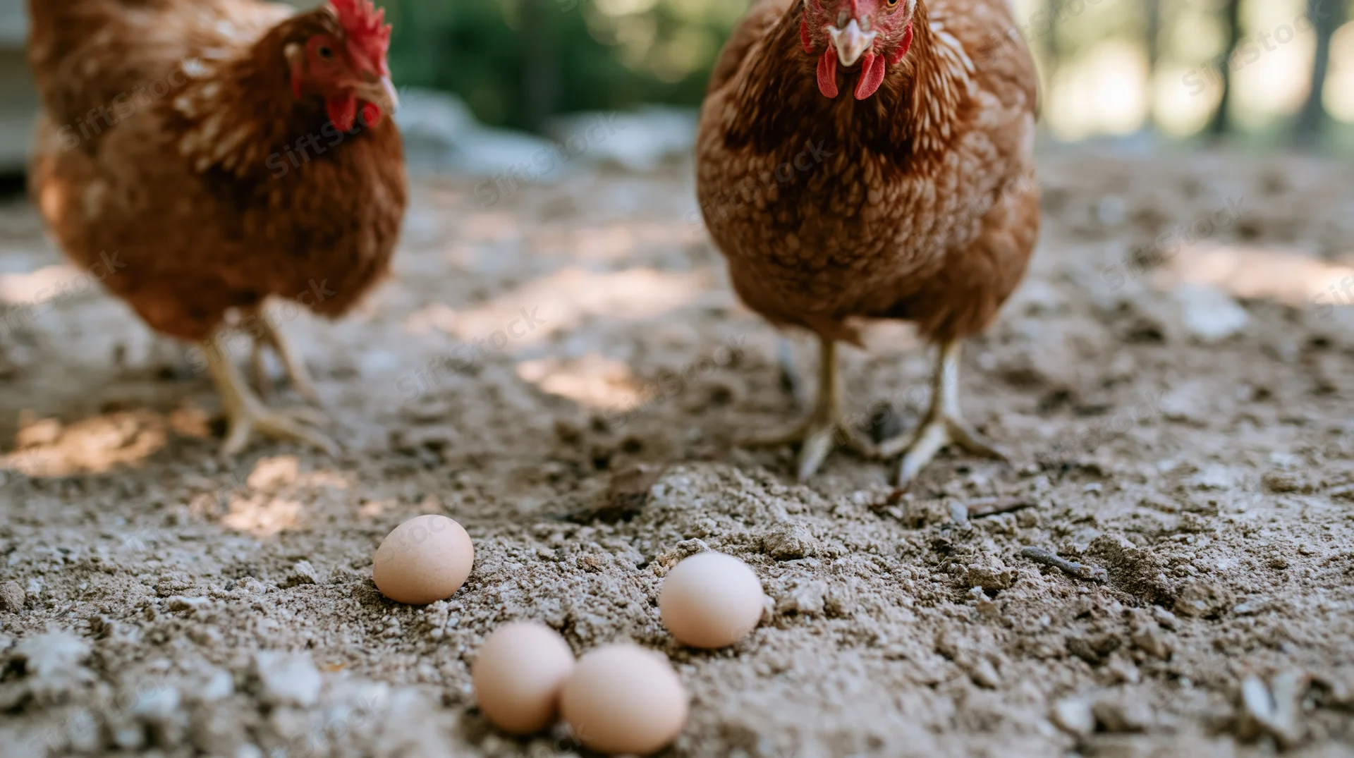 Two brown hens standing on dirt ground near eggs in a farm setting