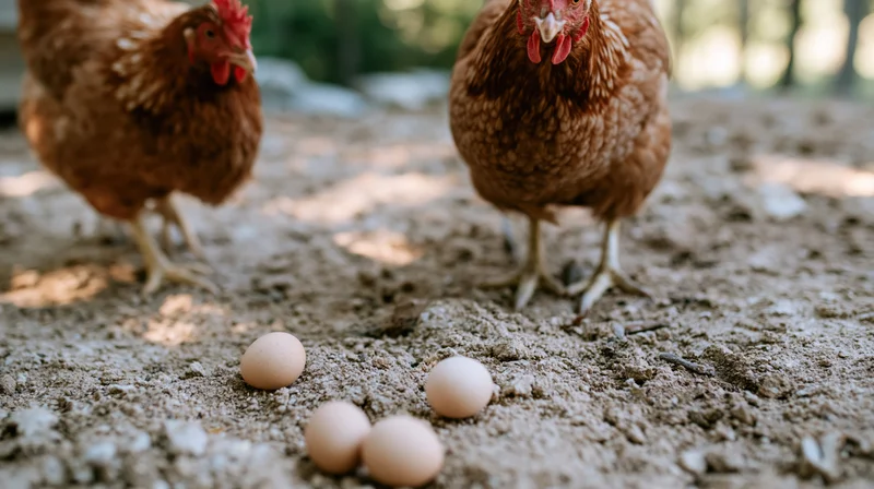 Two brown hens standing on dirt ground near eggs in a farm setting