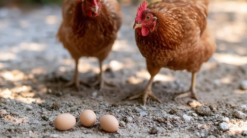 Two brown hens standing on dirt ground near three eggs in a farmyard