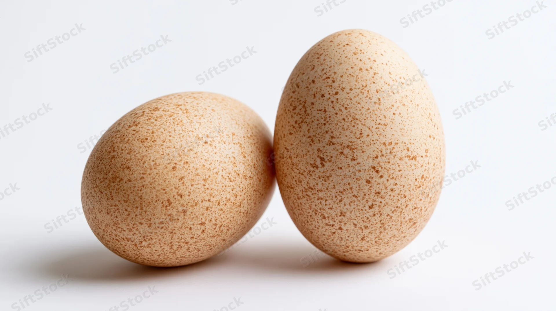Two brown chicken eggs resting side by side on a plain white surface