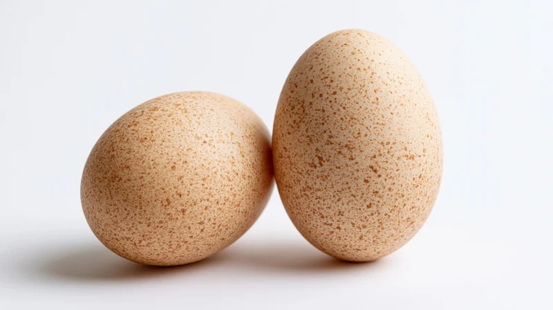 Two brown chicken eggs resting side by side on a plain white surface