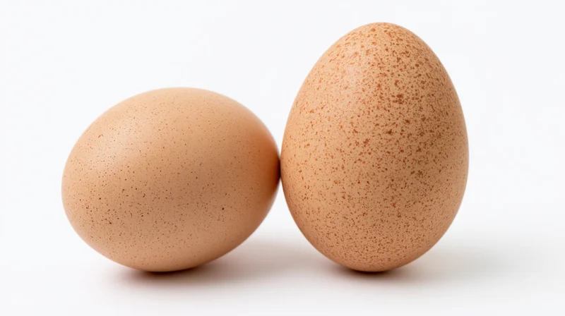 Two brown chicken eggs side by side on a plain white background