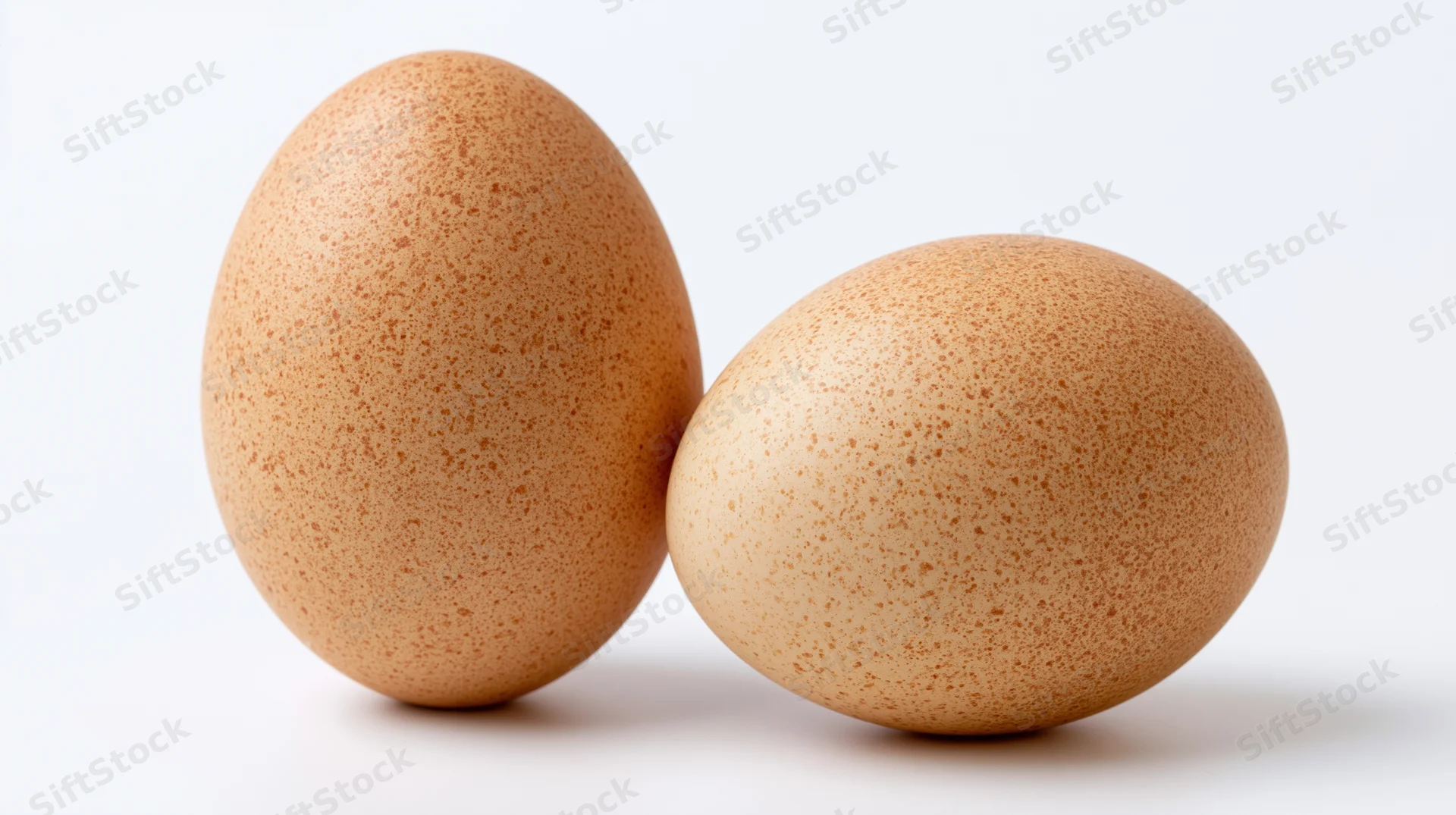 Two brown chicken eggs resting side by side on a plain white surface