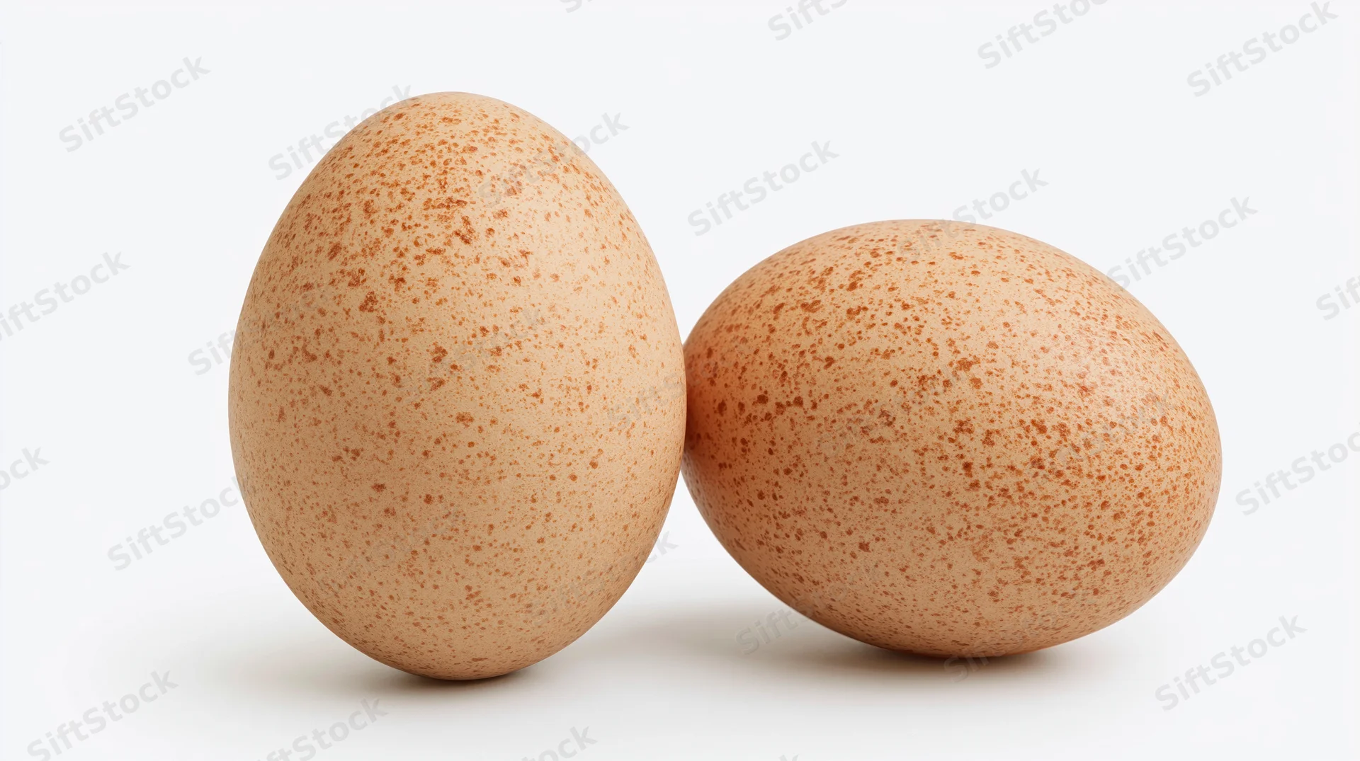 Two brown chicken eggs standing side by side on a plain white background