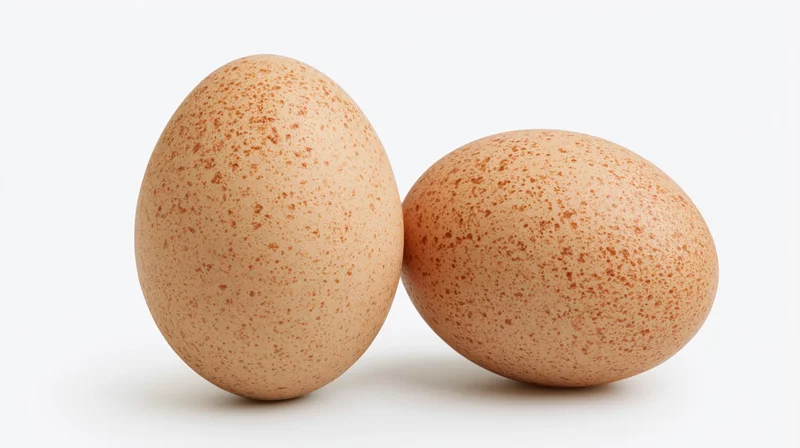 Two brown chicken eggs standing side by side on a plain white background
