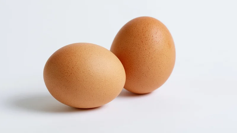 Two brown chicken eggs on a plain white background