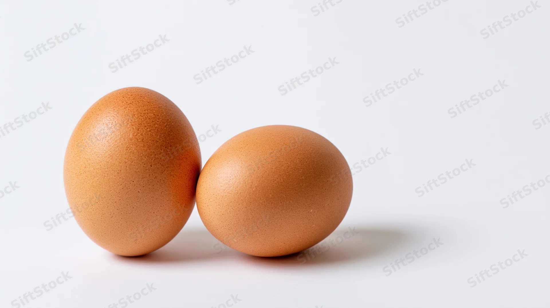 Two brown chicken eggs resting side by side on a plain white surface