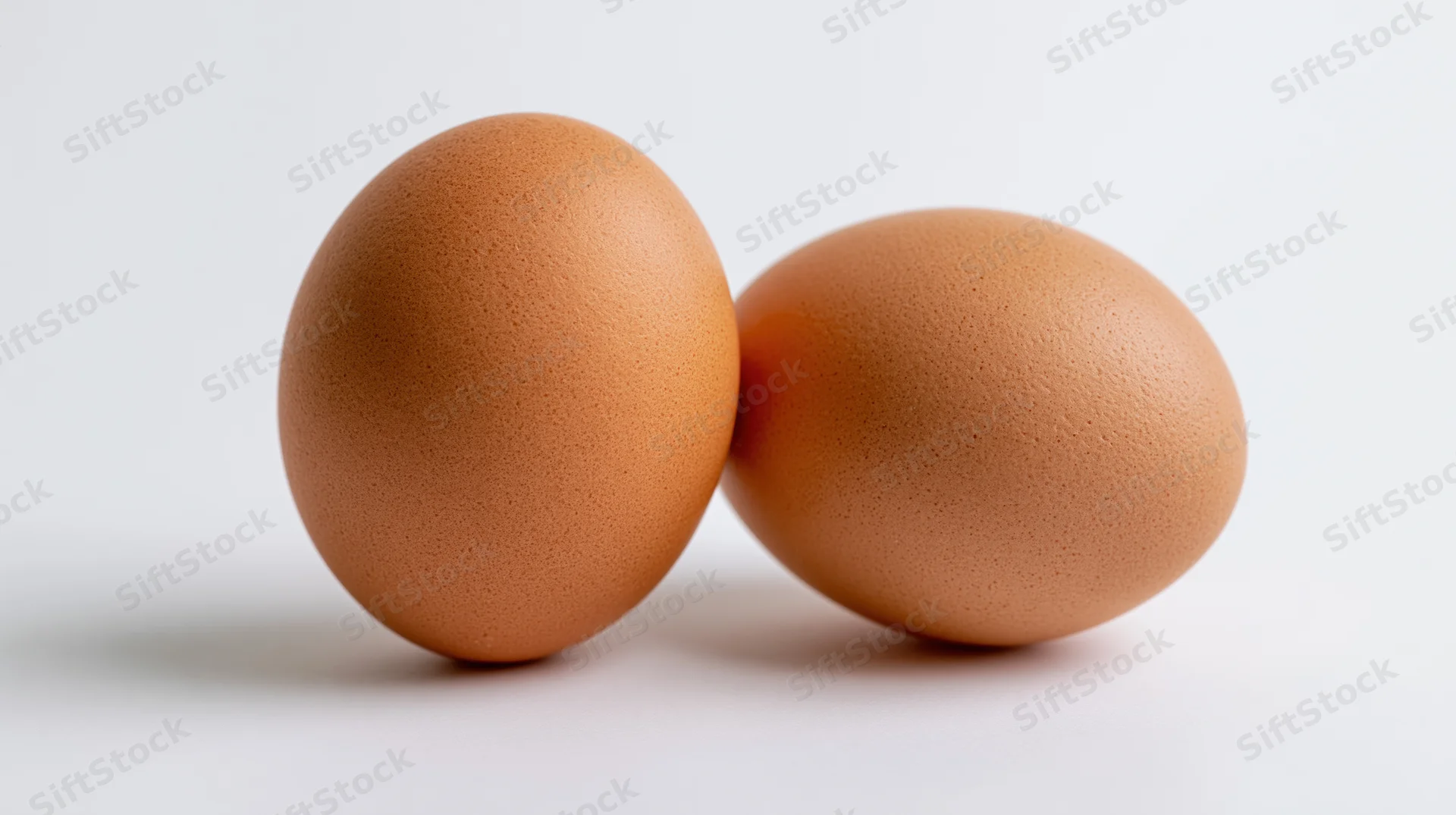 Two brown chicken eggs resting side by side on a plain white surface