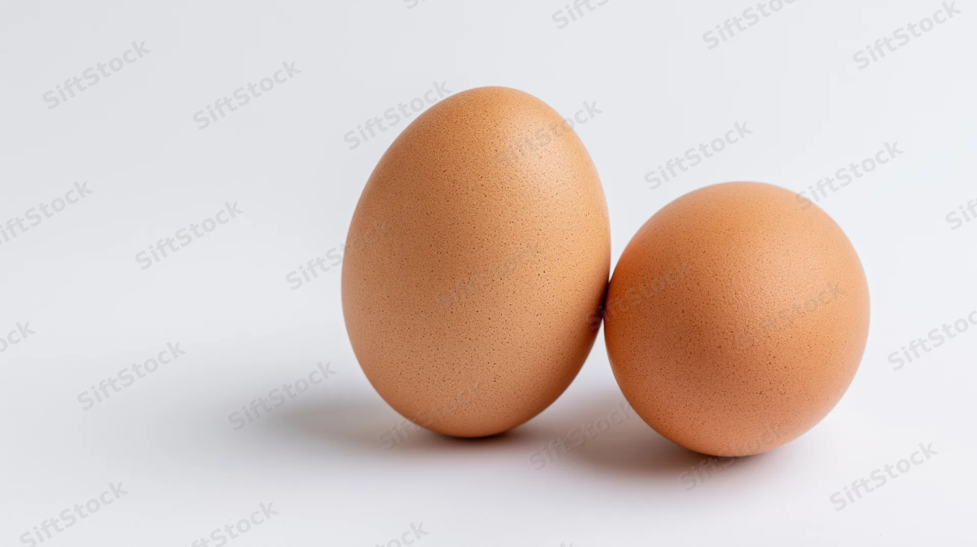 Two brown chicken eggs resting side by side on a plain white surface