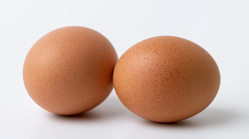 Two brown chicken eggs side by side on a white surface