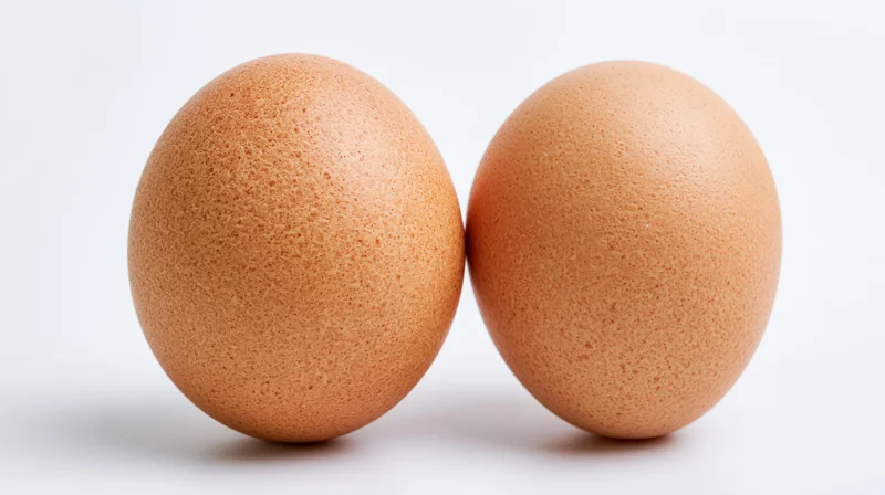 Two brown chicken eggs side by side on a white surface