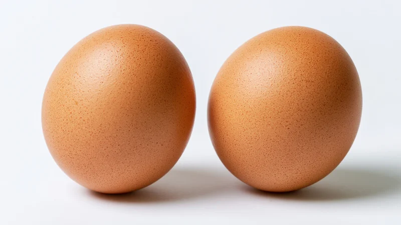 Two brown chicken eggs side by side on a white surface
