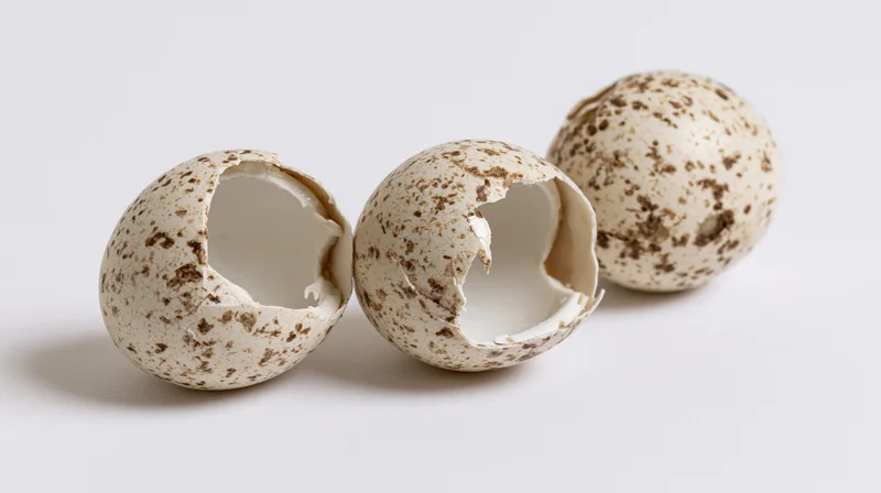 Three cracked bird eggshells with speckled pattern resting on white surface