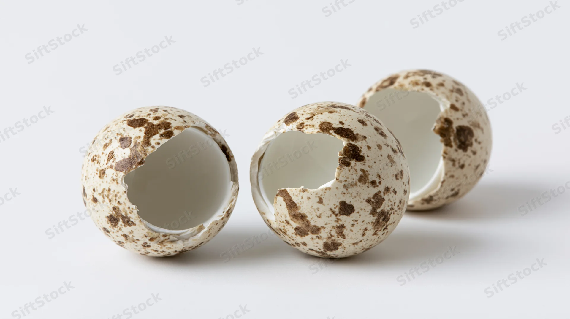 Three cracked bird eggshells with speckled brown patterns resting on a white surface