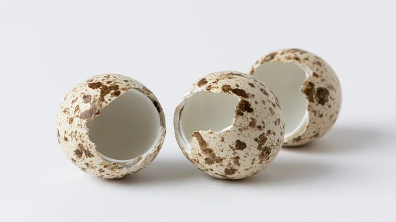 Three cracked bird eggshells with speckled brown patterns resting on a white surface