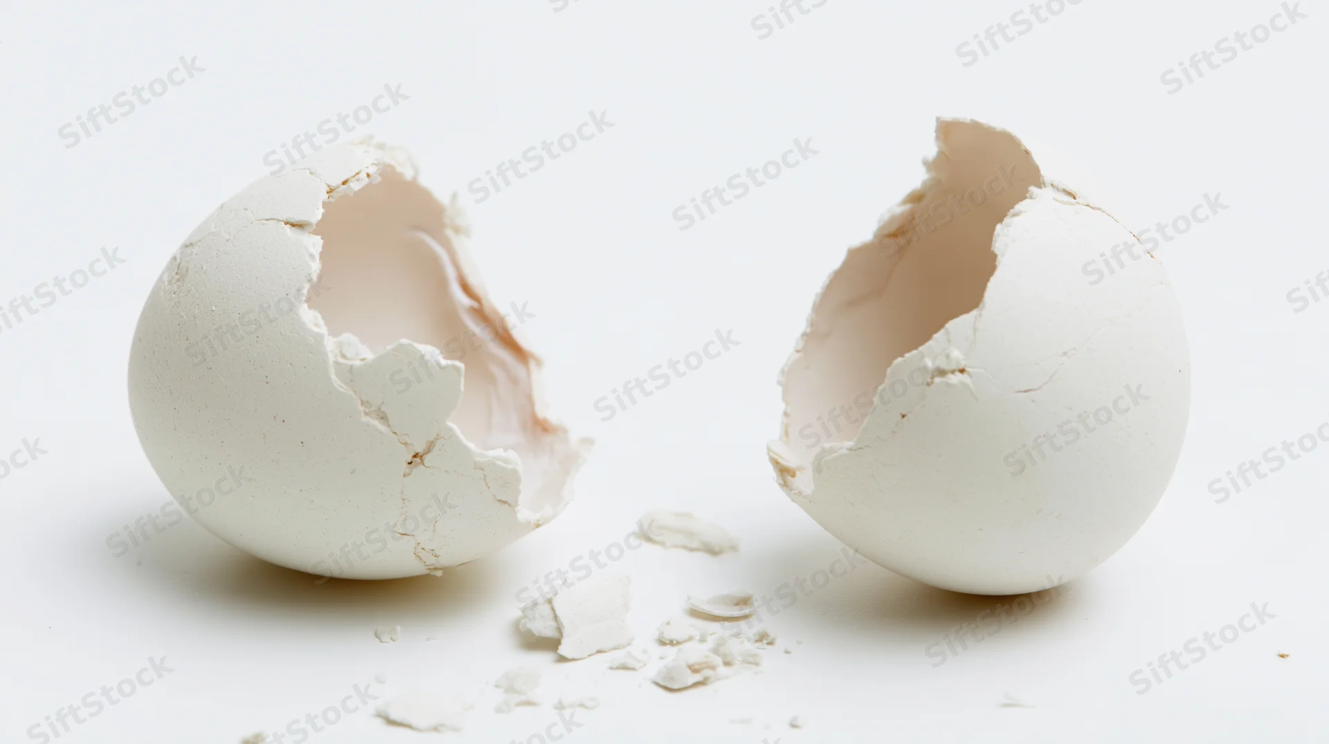 Two cracked eggshell halves split apart on a white surface with small fragments scattered between them
