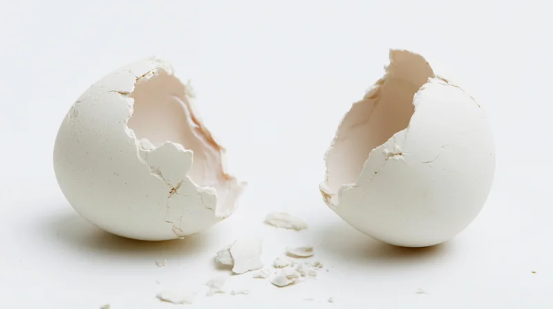 Two cracked eggshell halves split apart on a white surface with small fragments scattered between them