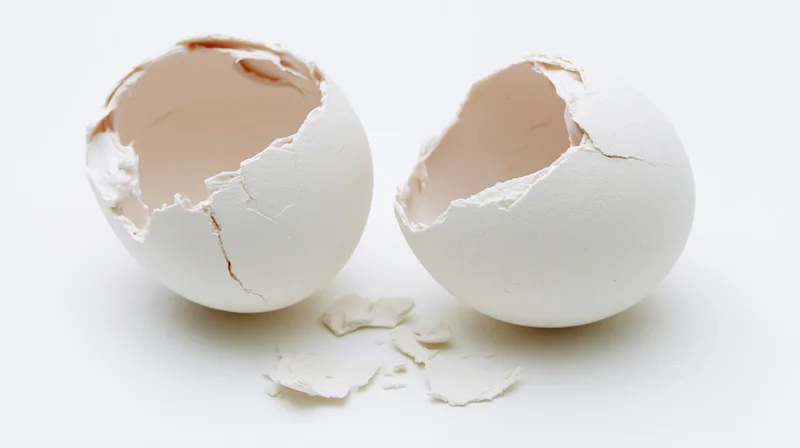 Two cracked eggshell halves split apart on a white surface with small shell fragments between them