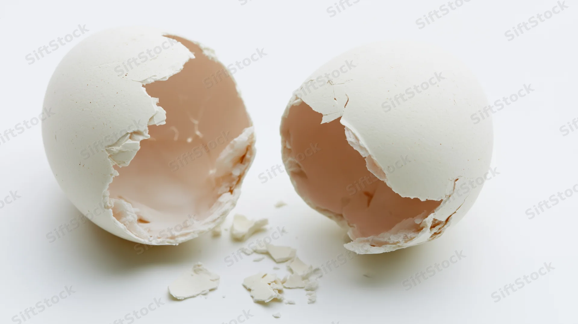Two cracked eggshell halves split apart on a white surface with small fragments scattered between them