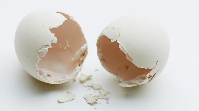 Two cracked eggshell halves split apart on a white surface with small fragments scattered between them