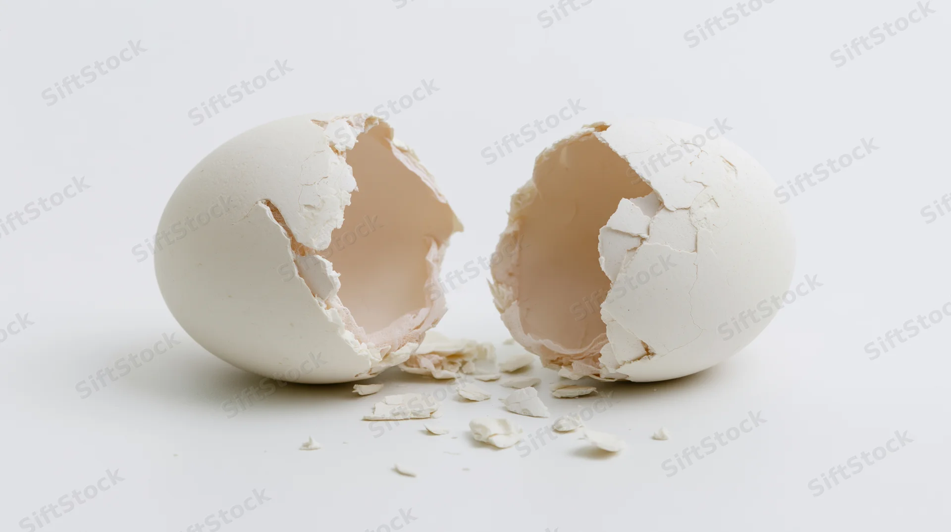 Two cracked eggshell halves split apart on a white surface