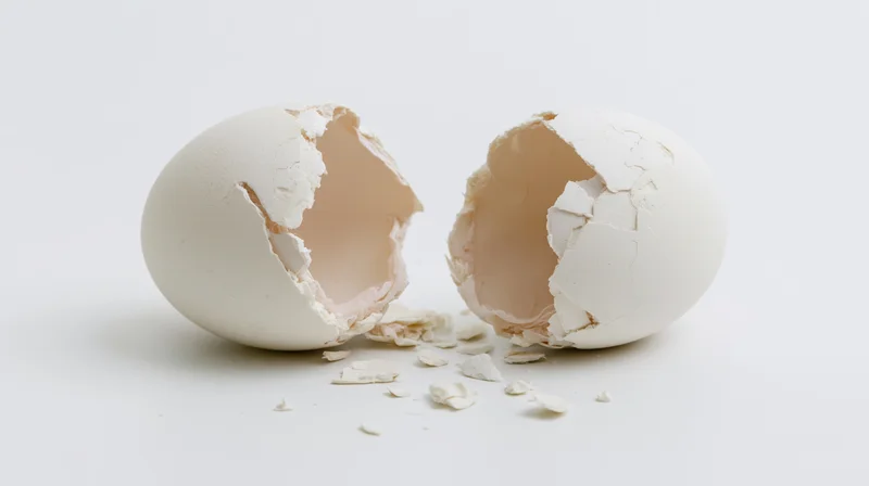 Two cracked eggshell halves split apart on a white surface