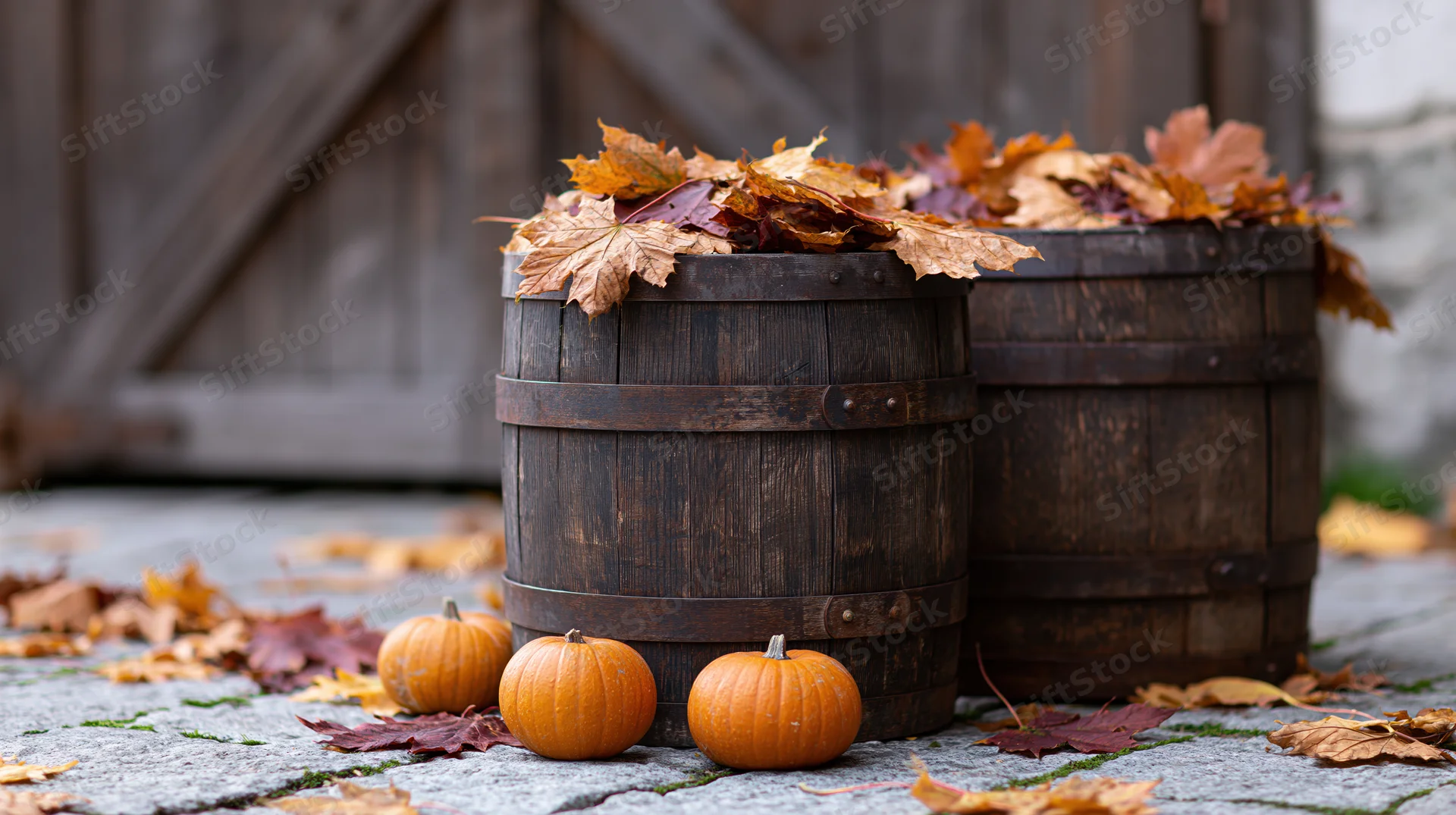 Two dark wooden barrels topped with dried autumn leaves and small pumpkins on a stone patio near a barn door