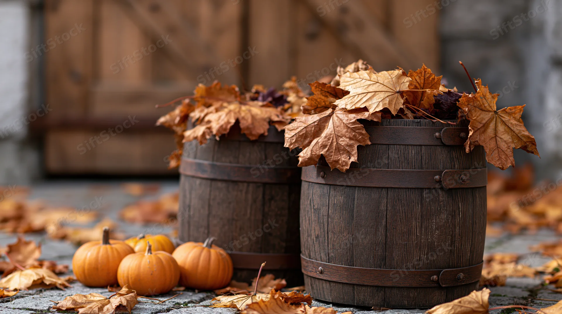 Two dark oak wine barrels topped with dried autumn leaves on a stone ground with small pumpkins and fallen leaves around, in front of a wooden barn door
