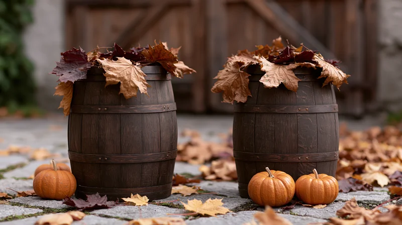 Two dark oak wine barrels topped with dried autumn leaves on a cobblestone path with small pumpkins and scattered foliage