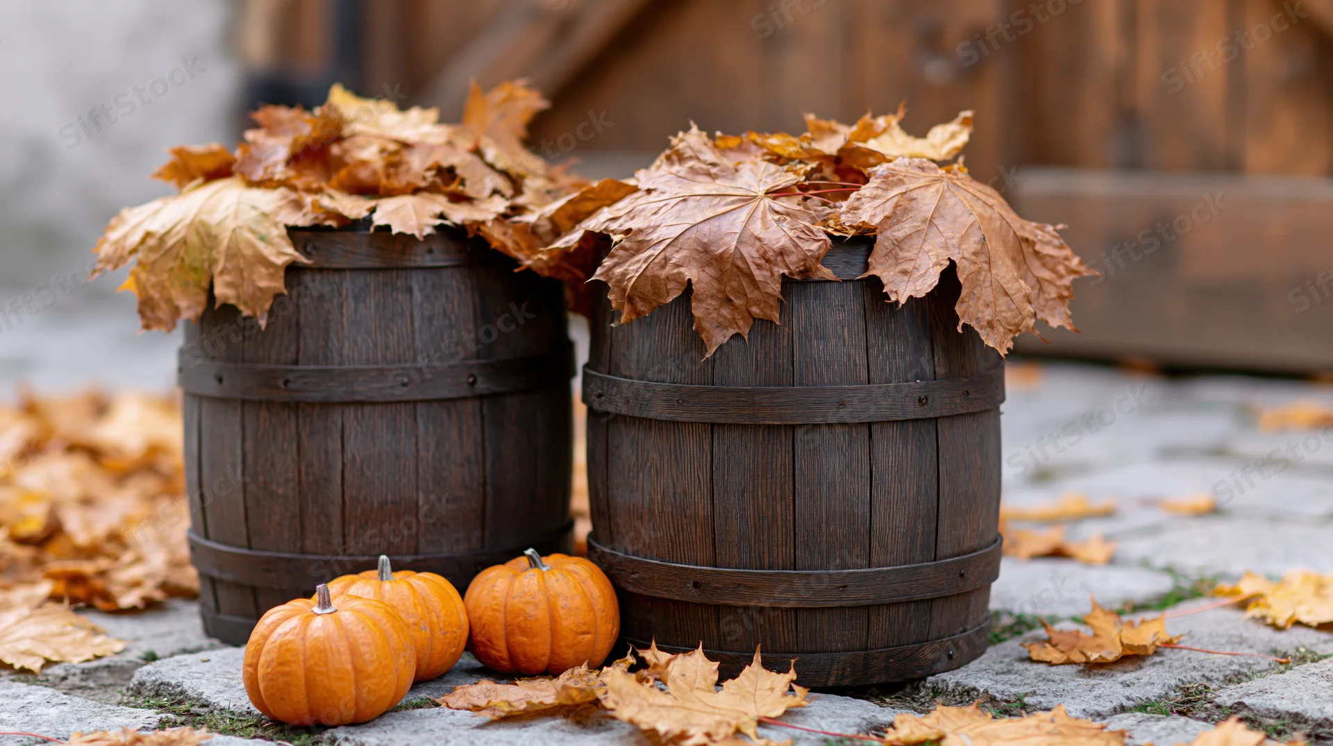 Two dark wooden barrels filled with dried autumn leaves on cobblestone ground with small pumpkins nearby