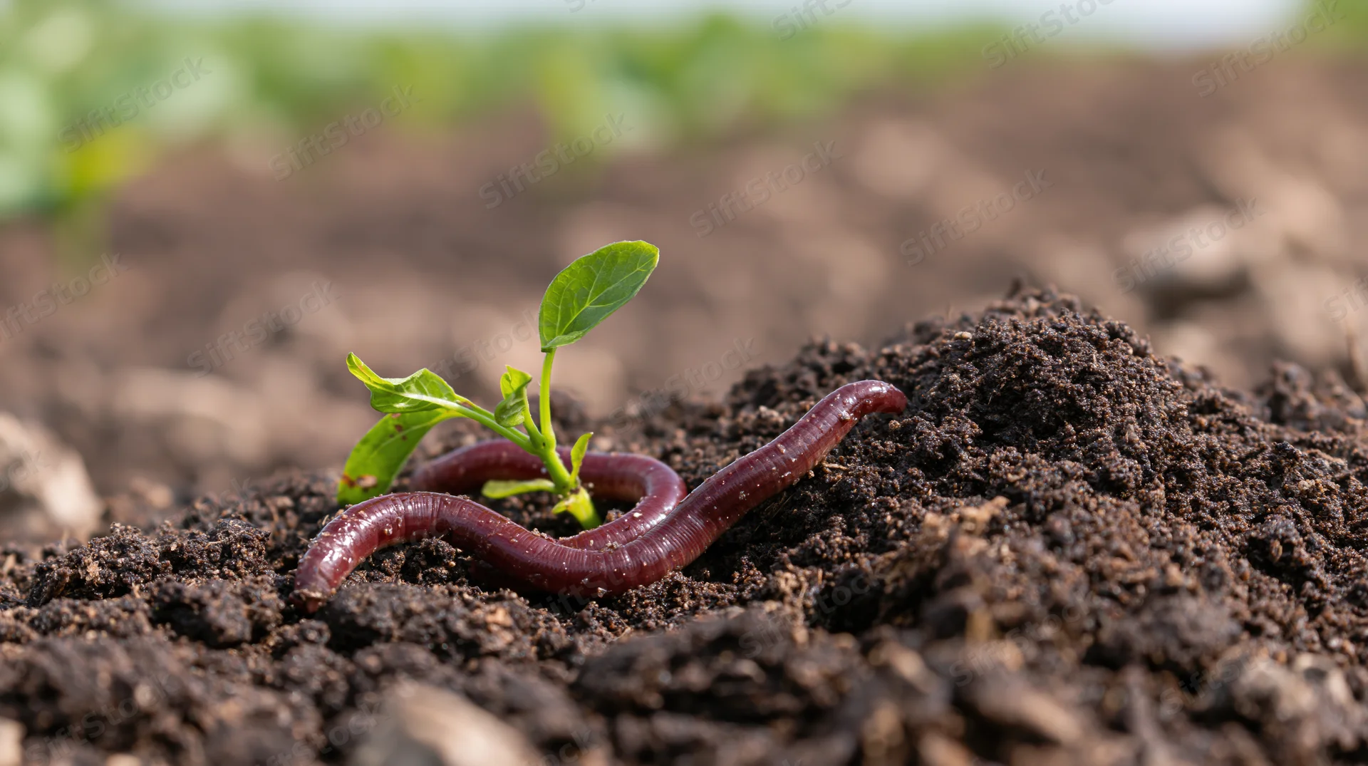 Earthworm coiled beside a green seedling emerging from dark soil in a garden bed