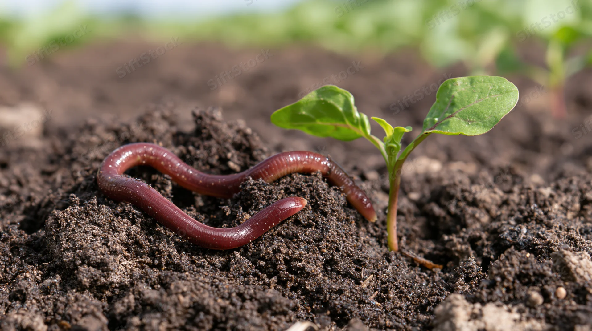 Earthworms resting on dark soil beside a small green seedling in a garden bed