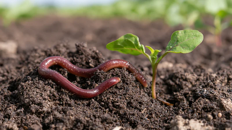 Earthworms resting on dark soil beside a small green seedling in a garden bed