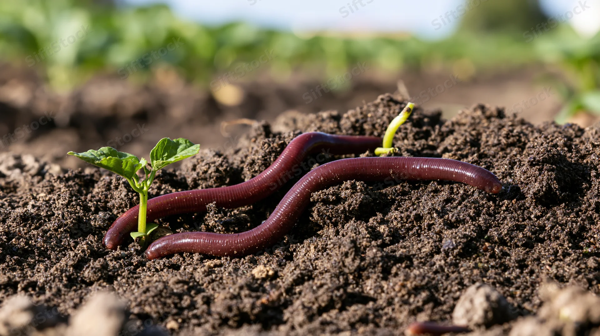 Two earthworms resting on dark soil beside a small green seedling in a garden bed