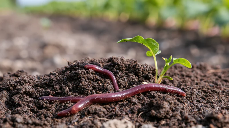 Earthworms resting on dark soil beside a small green seedling in a garden