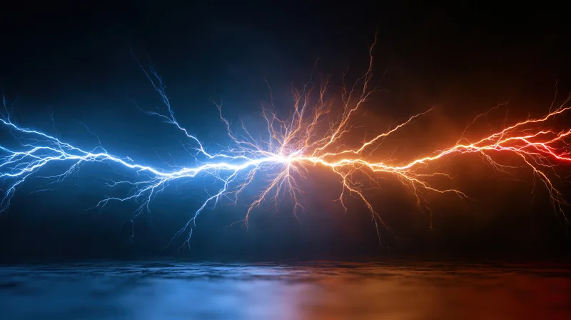 Blue and orange lightning bolts colliding over dark water surface at night