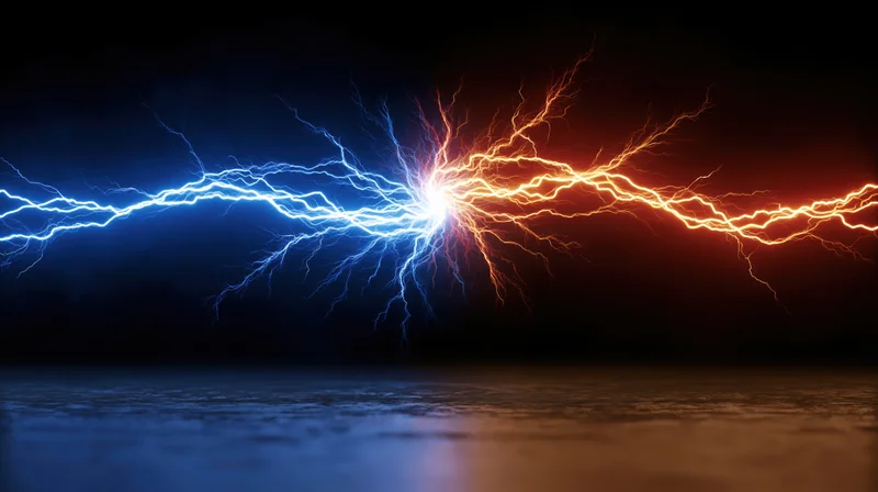 Blue and orange lightning bolts colliding in dark sky above water surface