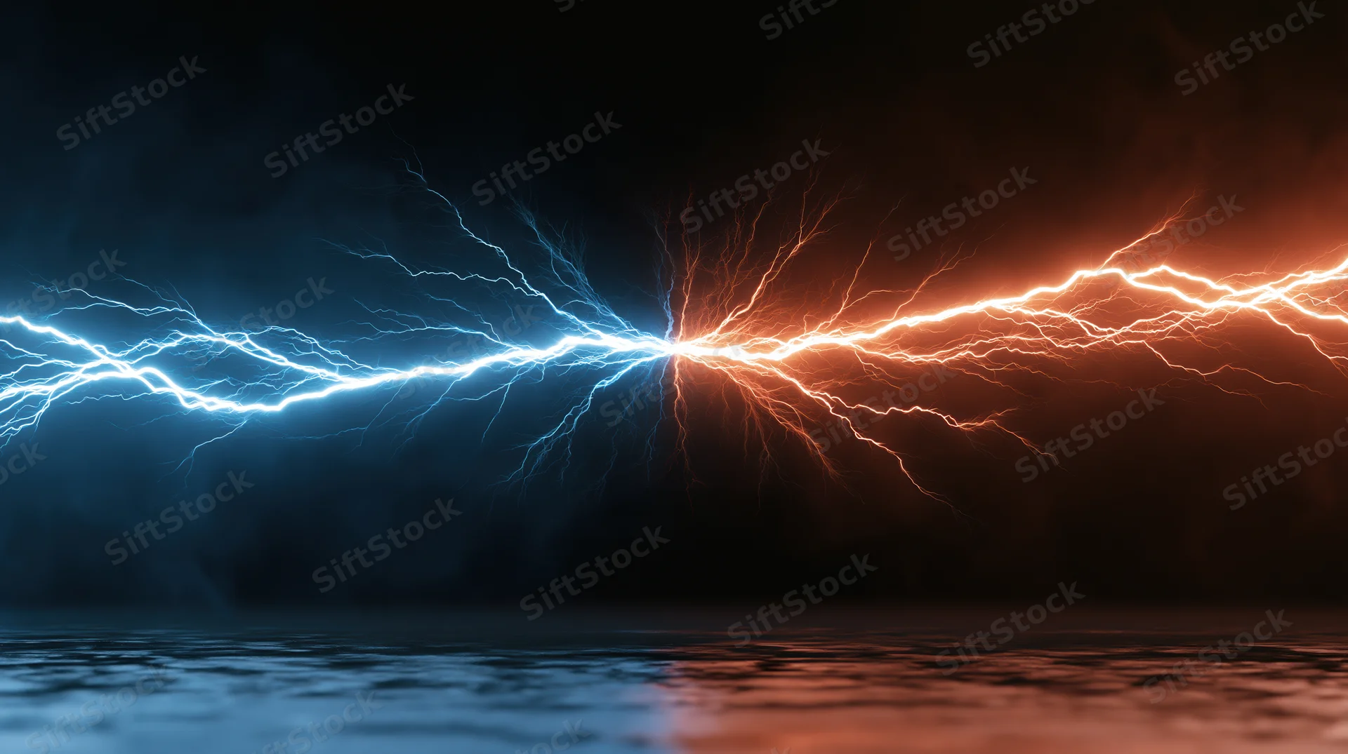 Blue and orange lightning bolts colliding over dark water surface