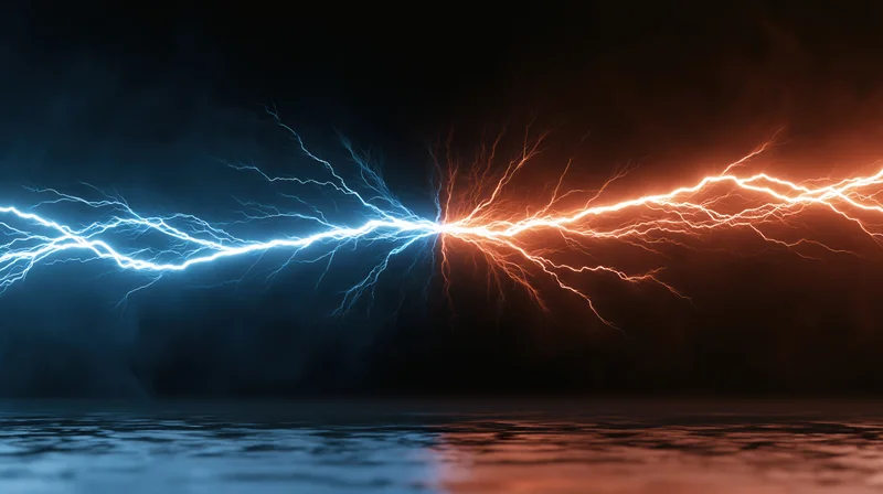 Blue and orange lightning bolts colliding over dark water surface