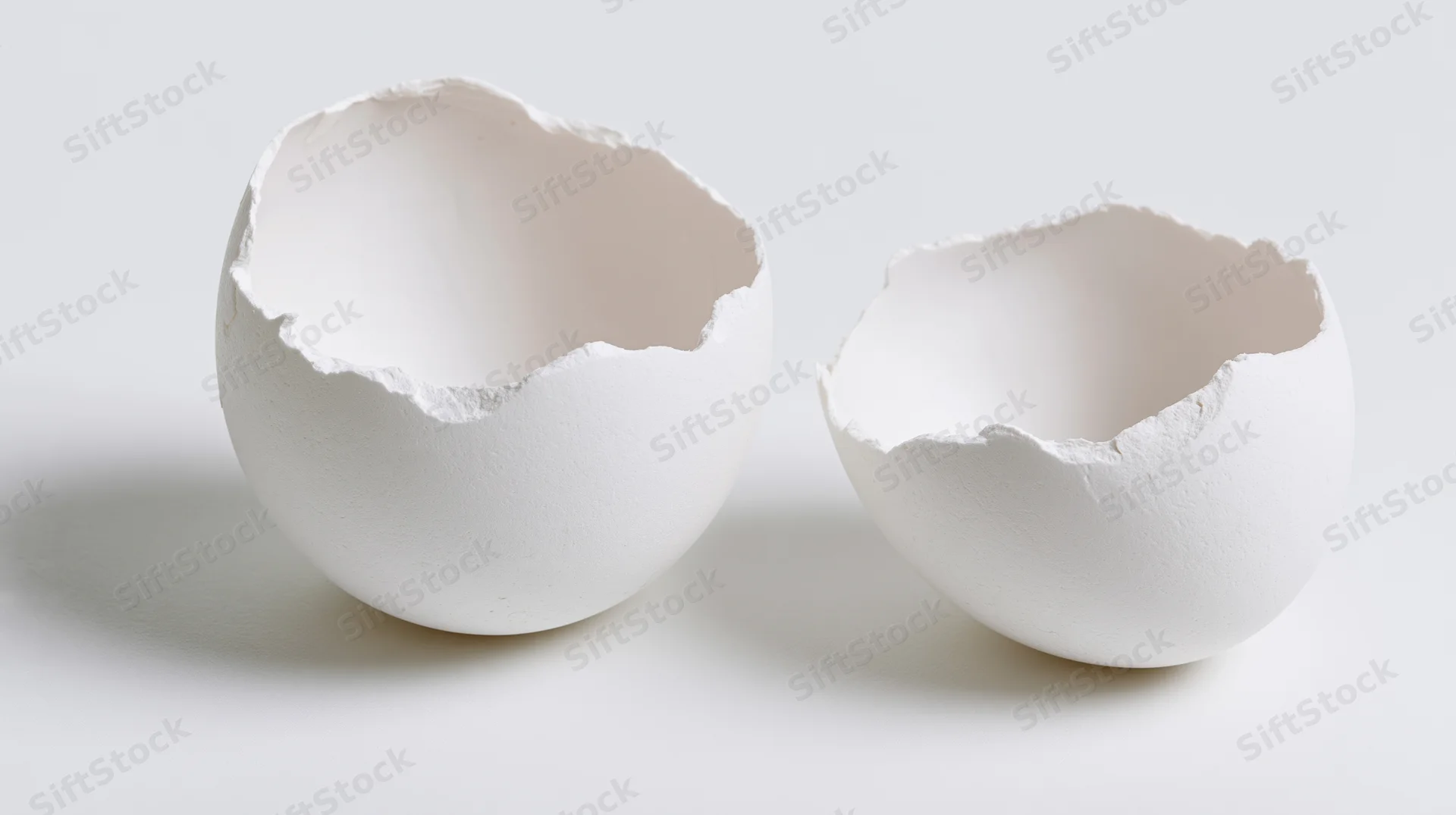 Two broken white eggshell halves resting on a plain white surface
