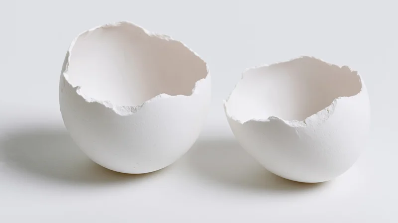 Two broken white eggshell halves resting on a plain white surface