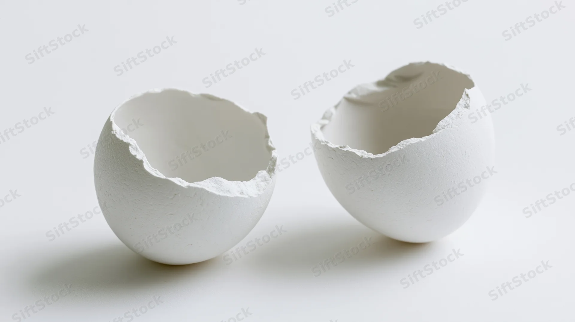 Two broken white eggshell halves resting on a plain white surface