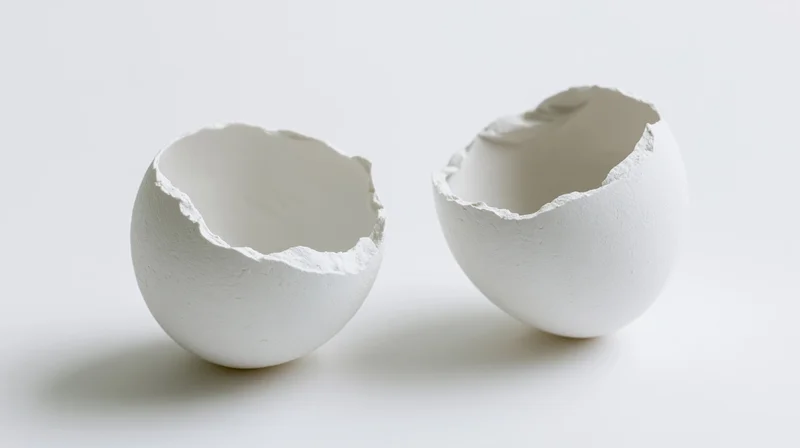 Two broken white eggshell halves resting on a plain white surface